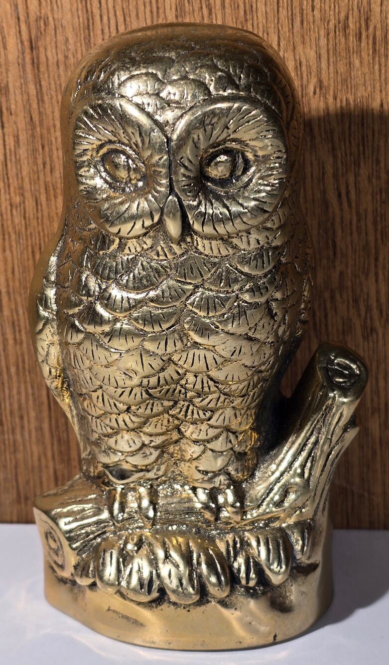 Vintage Brass Owl Figurine Sculpture Bird Perched On Branch Decor